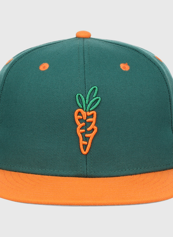The EFF Carrots Arlington Heights Collection Logo Fitted Ballcap features a green crown, orange brim and top button, and an embroidered orange carrot with green leaves—ideal for Carrots collectors or Arlington Heights fans.