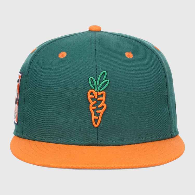 The EFF Carrots Arlington Heights Collection Logo Fitted Ballcap features a green crown, orange brim and top button, and an embroidered orange carrot with green leaves—ideal for Carrots collectors or Arlington Heights fans.