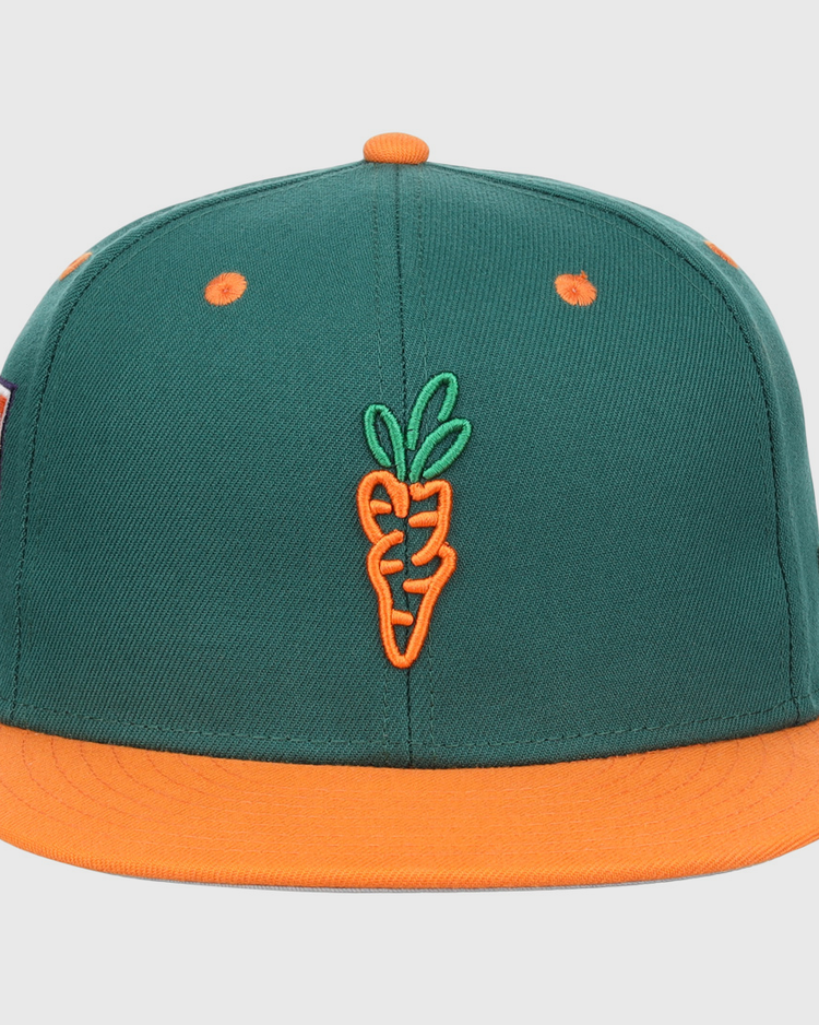 The EFF Carrots Arlington Heights Collection Logo Fitted Ballcap features a green crown, orange brim and top button, and an embroidered orange carrot with green leaves—ideal for Carrots collectors or Arlington Heights fans.