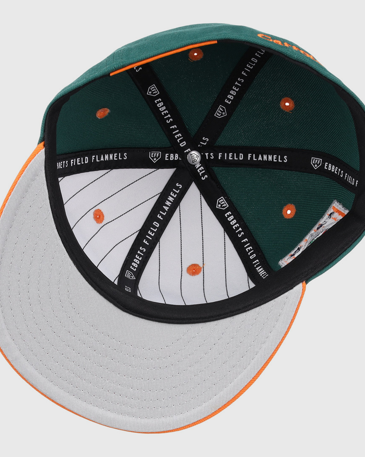 An overhead view of the Carrots Arlington Heights Collection Logo Fitted Ballcap by EFF shows a green crown, grey pinstriped underbill, orange ventilation holes, black sweatband, and branded inner lining.