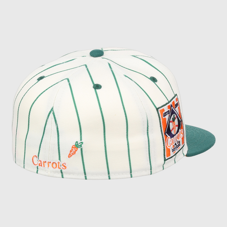 The EFF Carrots Arlington Heights Collection Pinstripe Fitted Ballcap features green pinstripes and brim, an embroidered carrot, the word Carrots, and a colorful patch—highlighting its EFF x Carrots collab.