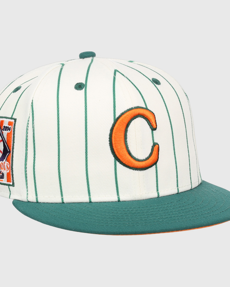 The EFF Carrots Arlington Heights Collection Pinstripe Fitted Ballcap features green pinstripes on white, a green brim, an orange “C” front logo, and Carrots patch—part of the Arlington Heights x EFF collab.