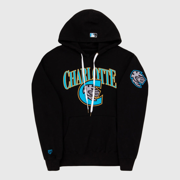 The Ebbets Field Charlotte Knights MiLB Cotton Hooded Sweatshirt is a black hoodie with white drawstrings, 