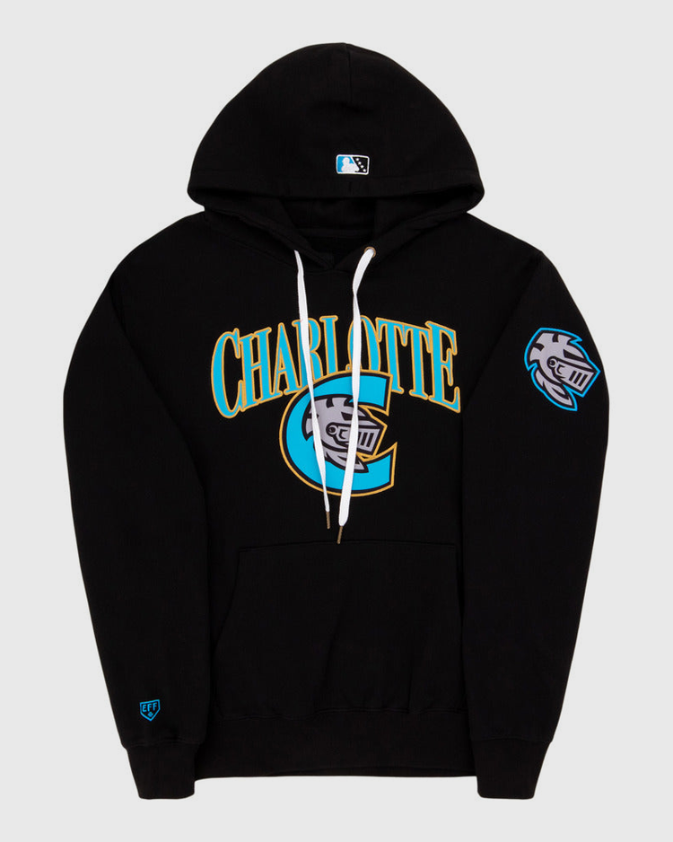 The Ebbets Field Charlotte Knights MiLB Cotton Hooded Sweatshirt is a black hoodie with white drawstrings, 