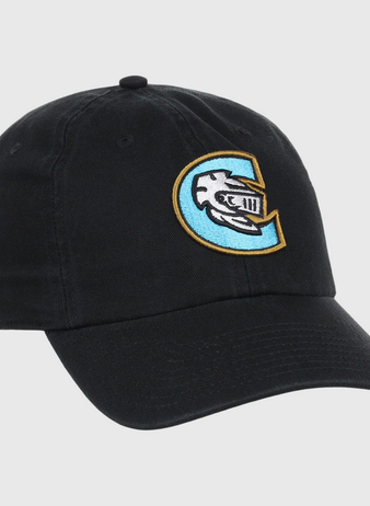 The Ebbets Field Charlotte Knights MiLB Dad Ballcap is a black cap featuring an embroidered knight’s helmet inside a blue and gold 