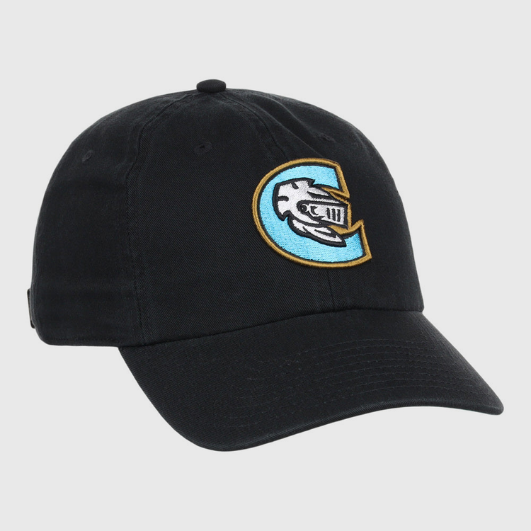 The Ebbets Field Charlotte Knights MiLB Dad Ballcap is a black cap featuring an embroidered knight’s helmet inside a blue and gold 