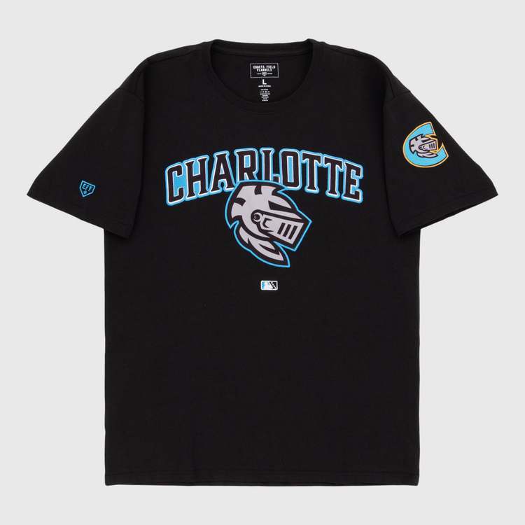The Ebbets Field Charlotte Knights MiLB Fashion Cotton Short Sleeve Tee is a black T-shirt with 