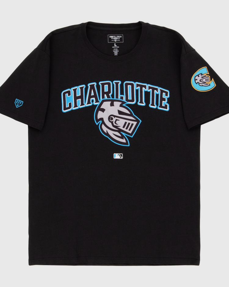 The Ebbets Field Charlotte Knights MiLB Fashion Cotton Short Sleeve Tee is a black T-shirt with 