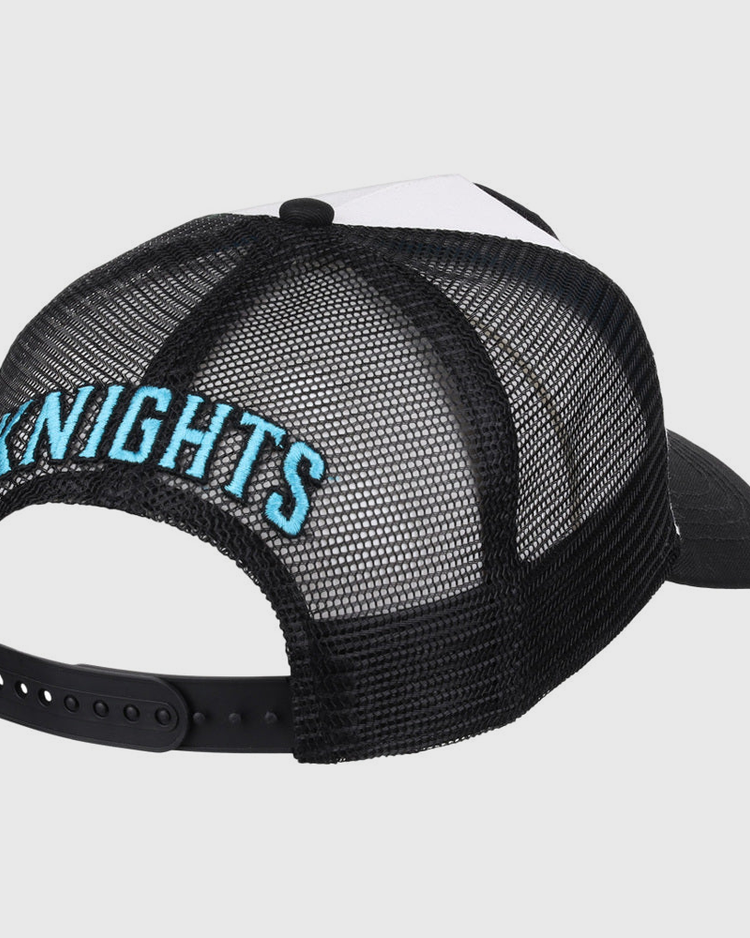 The Ebbets Field Charlotte Knights MiLB Trucker Ballcap is a black mesh snapback hat, shown from the back, with 
