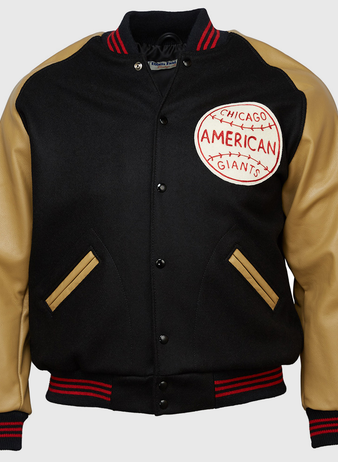 The EFF Chicago American Giants 1936 Authentic Jacket is black with tan leather sleeves, tan-trimmed pockets, red/black striped cuffs and collar, and a large team patch on the left chest.