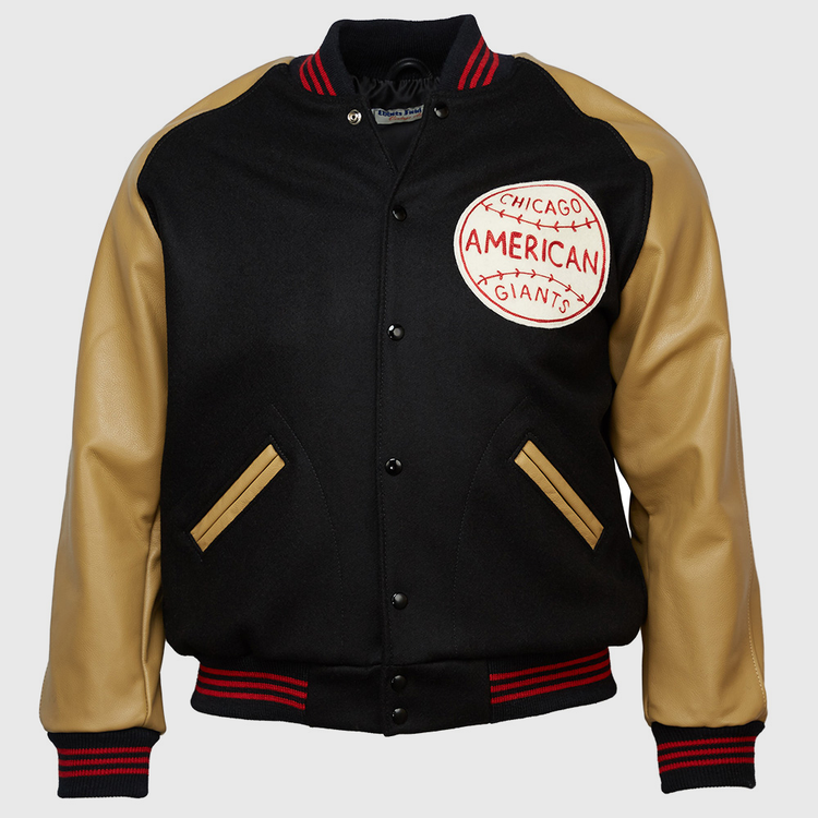The EFF Chicago American Giants 1936 Authentic Jacket is black with tan leather sleeves, tan-trimmed pockets, red/black striped cuffs and collar, and a large team patch on the left chest.