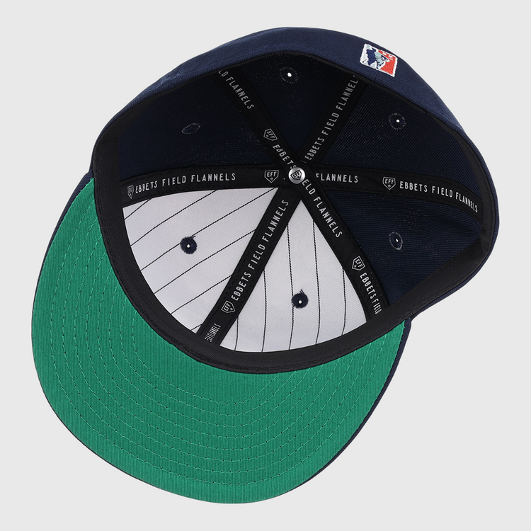 The Chicago American Giants NLB Team Color Fitted Ballcap by EFF features a navy crown, green underbrim, white pinstriped lining, black EFF-branded bands, and an MLB patch.