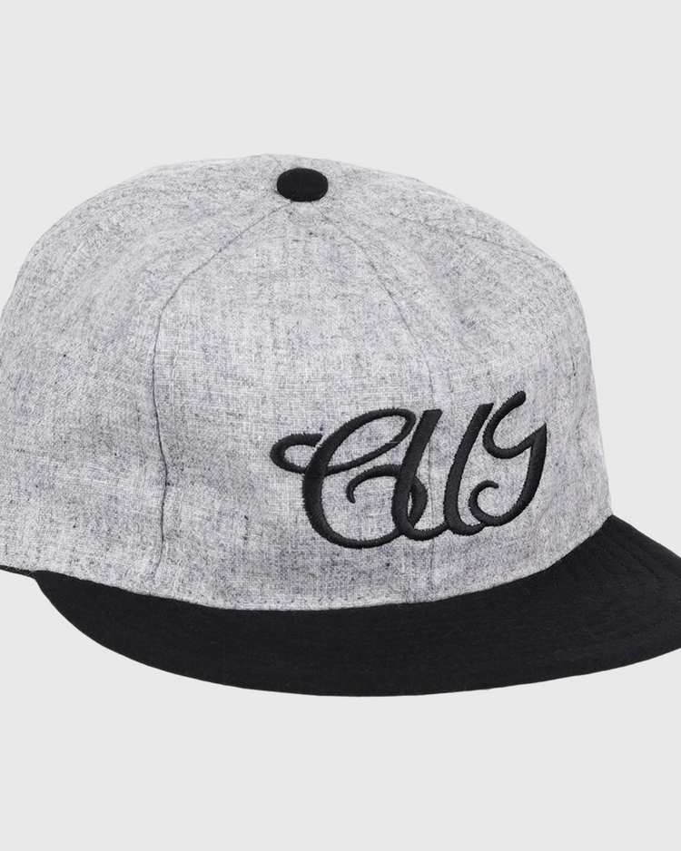 The EFF Chicago Union Giants 1902 Vintage Ballcap is a gray wool cap with a black brim and button, featuring embroidered black CUG script on the front—a faithful reproduction of the original.