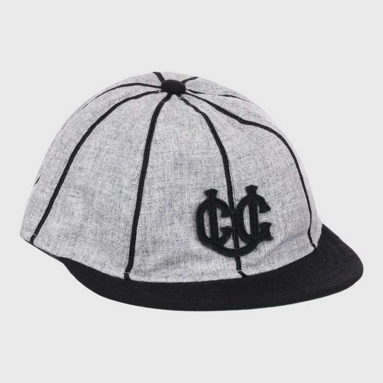 The Ebbets Field Chicago Union Giants NLB 1905 Vintage 8-Panel Ballcap features gray fabric, black vertical stripes, a black brim, and a black embroidered CG logo on the front.