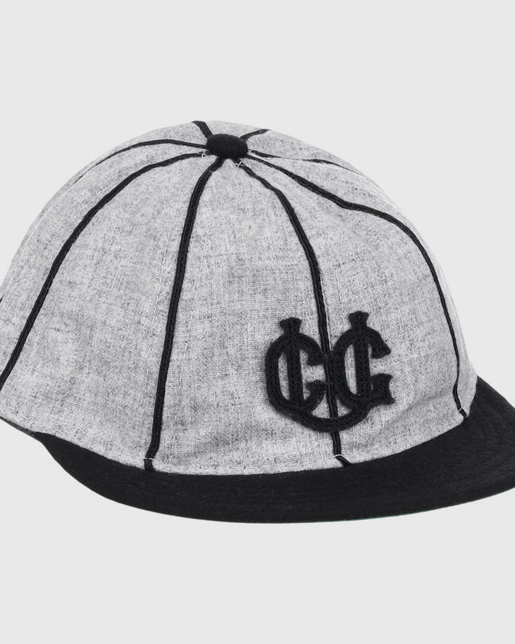 The Ebbets Field Chicago Union Giants NLB 1905 Vintage 8-Panel Ballcap features gray fabric, black vertical stripes, a black brim, and a black embroidered CG logo on the front.
