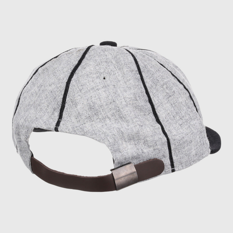 The Ebbets Field Chicago Union Giants NLB 1905 Vintage 8-Panel Ballcap is light gray, shown from the back with black vertical stitching and an adjustable brown strap with a metal clasp.