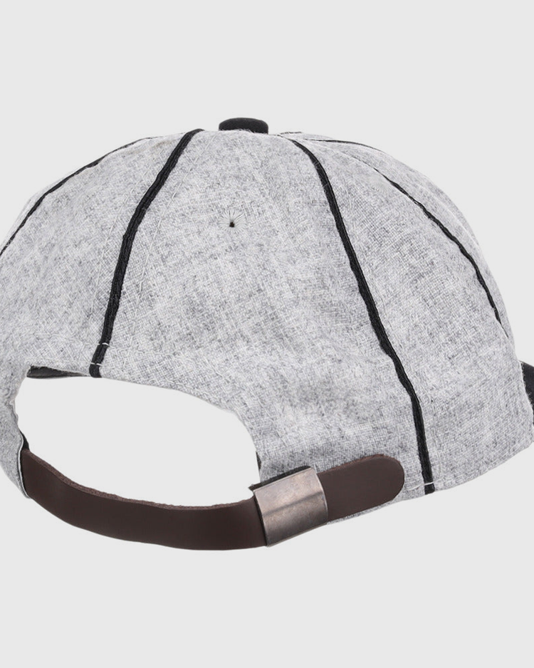 The Ebbets Field Chicago Union Giants NLB 1905 Vintage 8-Panel Ballcap is light gray, shown from the back with black vertical stitching and an adjustable brown strap with a metal clasp.
