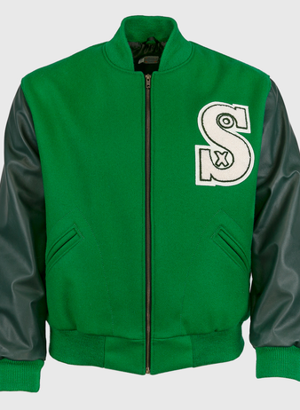 The EFF Chicago White Sox 1932 Authentic Jacket features a kelly green body, dark green leather sleeves, front zipper, side pockets, ribbed cuffs and hem, and a large white S patch on the chest—replicating the classic team style.