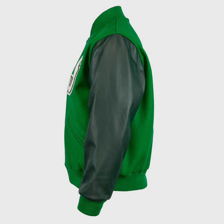 EFF Chicago White Sox 1932 Authentic Jacket in Kelly green with dark green leather sleeves, ribbed cuffs, waistband, and collar, side pockets, and a large chest patch. Shown from the left side; vintage-inspired style.