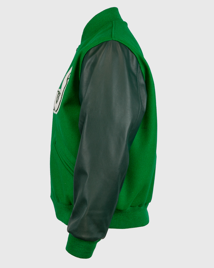 EFF Chicago White Sox 1932 Authentic Jacket in Kelly green with dark green leather sleeves, ribbed cuffs, waistband, and collar, side pockets, and a large chest patch. Shown from the left side; vintage-inspired style.