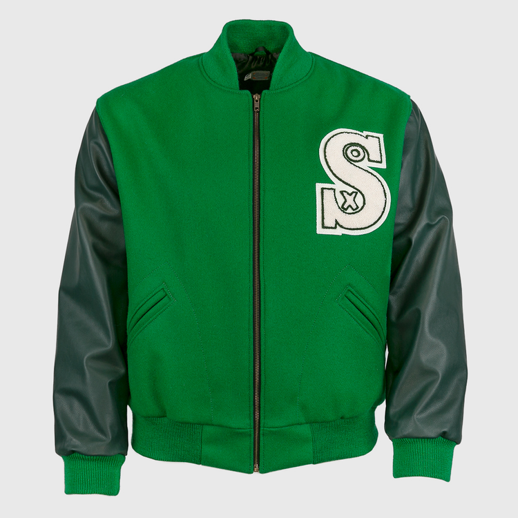 The EFF Chicago White Sox 1932 Authentic Jacket features kelly green with dark green leather sleeves, ribbed cuffs and hem, front pockets, and a bold white “S” patch—true to the vintage team style.