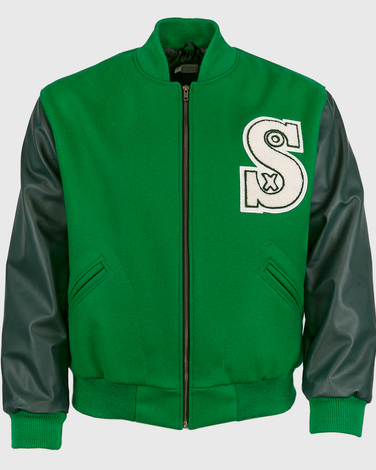 The EFF Chicago White Sox 1932 Authentic Jacket features kelly green with dark green leather sleeves, ribbed cuffs and hem, front pockets, and a bold white “S” patch—true to the vintage team style.