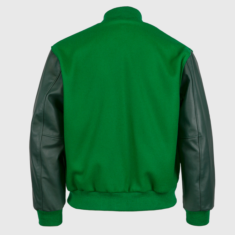 The EFF Chicago White Sox 1932 Authentic Jacket in kelly green features dark green leather sleeves, matching ribbed cuffs and waist, and is shown from the back against a plain white background.