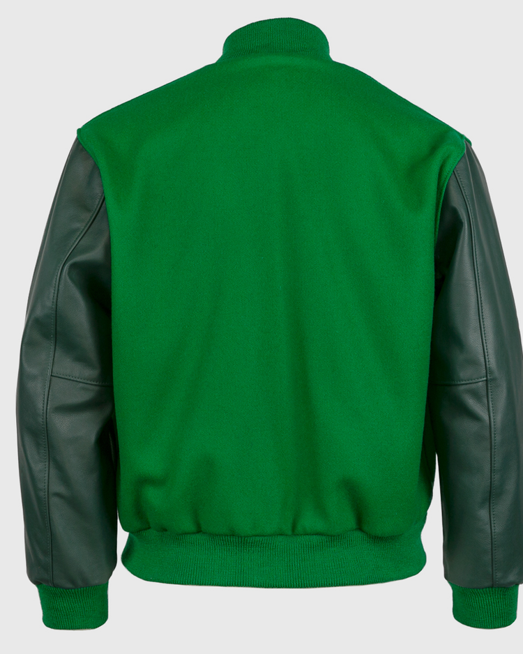 The EFF Chicago White Sox 1932 Authentic Jacket in kelly green features dark green leather sleeves, matching ribbed cuffs and waist, and is shown from the back against a plain white background.