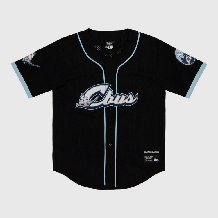The Ebbets Field Columbus Clippers MiLB Button Down Jersey is black with light blue trim, 