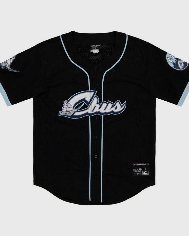 The Ebbets Field Columbus Clippers MiLB Button Down Jersey is black with light blue trim, 