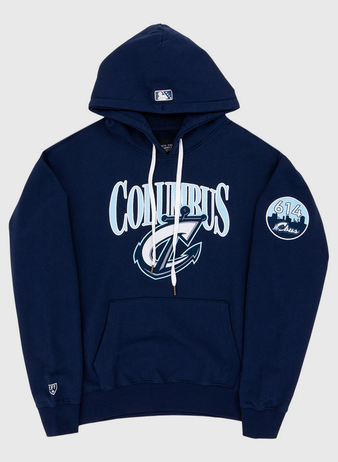The Ebbets Field Columbus Clippers MiLB Cotton Hooded Sweatshirt is a navy blue hoodie with white drawstrings, COLUMBUS and a stylized C logo on the front, a circular 614 Class patch on the left sleeve, and a small logo near the left wrist.