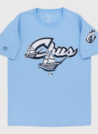 The Ebbets Field Columbus Clippers MiLB Fashion Cotton Short Sleeve Tee is a light blue T-shirt with 