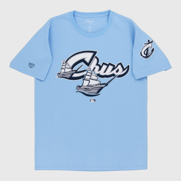 The Ebbets Field Columbus Clippers MiLB Fashion Cotton Short Sleeve Tee is a light blue T-shirt with 