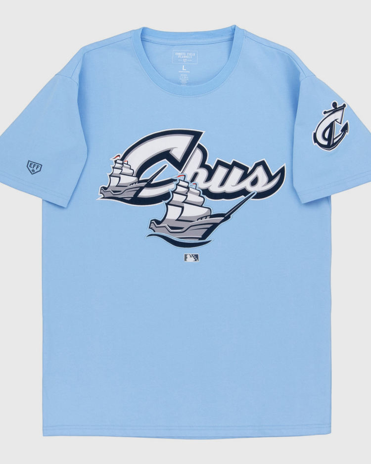The Ebbets Field Columbus Clippers MiLB Fashion Cotton Short Sleeve Tee is a light blue T-shirt with 