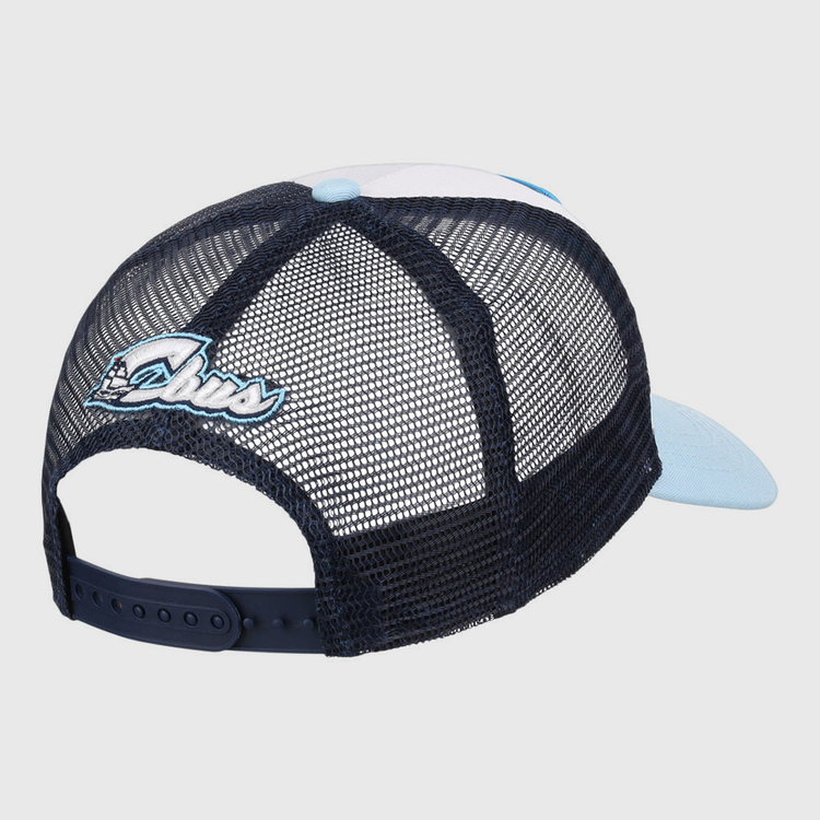 The Ebbets Field Columbus Clippers MiLB Trucker Ballcap is shown from the rear, featuring a navy mesh back, light blue brim, adjustable snapback strap, and embroidered Ohaus logo.