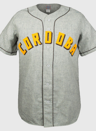 The EFF Cordoba Cafeteros 1935 Road Jersey features a gray design with black piping, yellow CORDOBA lettering across the chest, and white buttons—an authentic reproduction inspired by Mexican pro baseball.