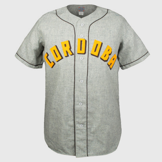 The EFF Cordoba Cafeteros 1935 Road Jersey features a gray design with black piping, yellow CORDOBA lettering across the chest, and white buttons—an authentic reproduction inspired by Mexican pro baseball.