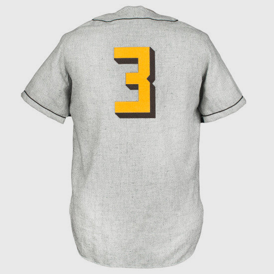 The EFF Cordoba Cafeteros 1935 Road Jersey is a gray, short-sleeved authentic reproduction with black trim, featuring a large yellow number 3 with black shadow on the back to honor Mexican pro baseball heritage.