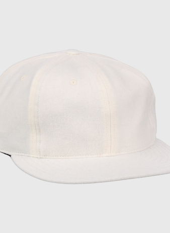 The EFF Cream Wool Vintage Ballcap, shown from the front on a white background, features a curved brim and showcases classic made-in-USA craftsmanship.