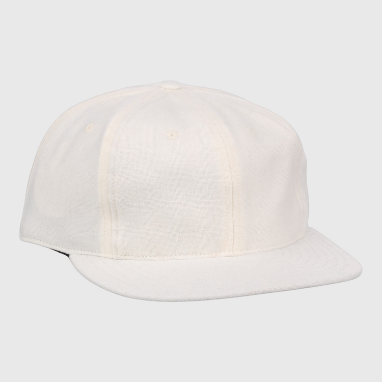 The EFF Cream Wool Vintage Ballcap, shown from the front on a white background, features a curved brim and showcases classic made-in-USA craftsmanship.