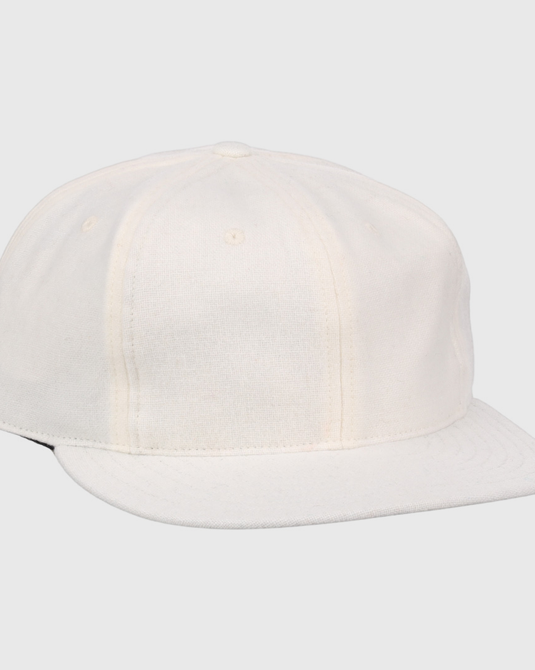 The EFF Cream Wool Vintage Ballcap, shown from the front on a white background, features a curved brim and showcases classic made-in-USA craftsmanship.