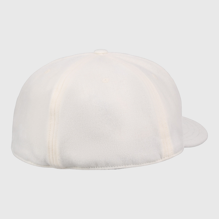 The Cream Wool Vintage Ballcap by EFF is shown from the back, highlighting its visible stitching and curved brim.