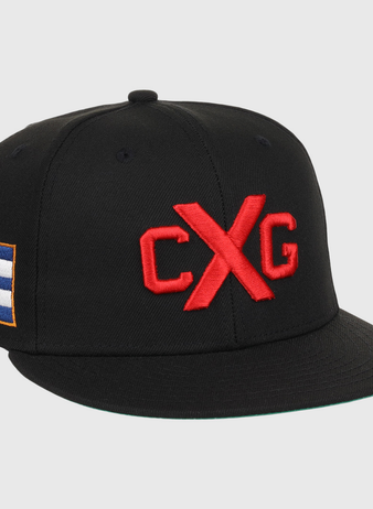 The EFF Cuban X Giants NLB Team Color Fitted Ballcap is black with bold red 3D CXG embroidery on the front and a Cuban flag patch on the left side.