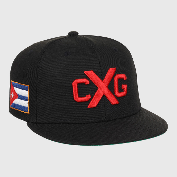 The EFF Cuban X Giants NLB Team Color Fitted Ballcap is black with bold red 3D CXG embroidery on the front and a Cuban flag patch on the left side.