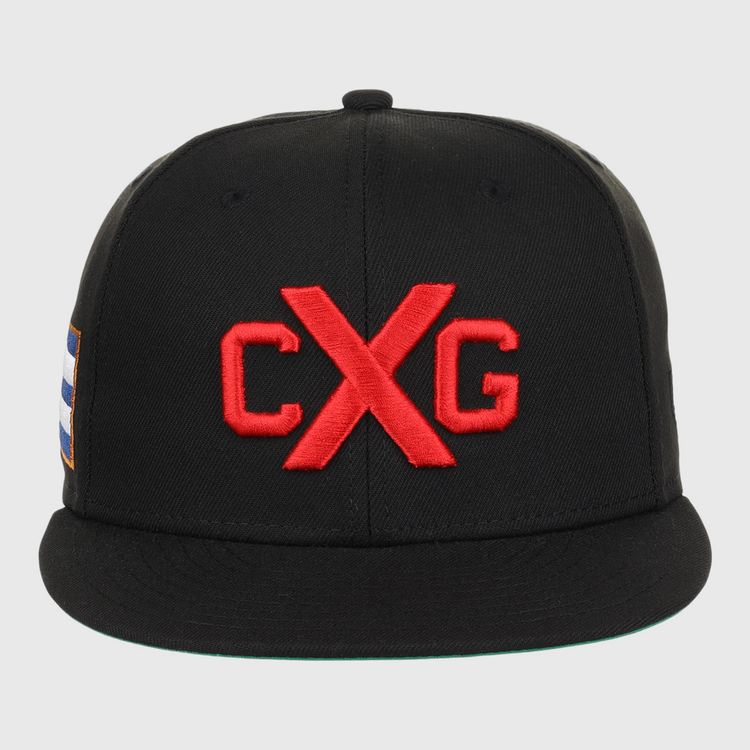 The EFF Cuban X Giants NLB Team Color Fitted Ballcap is a black cap with a flat brim, featuring a bold 3D CXG logo with the X crossing the letters and a small left side patch, inspired by vintage team styles.