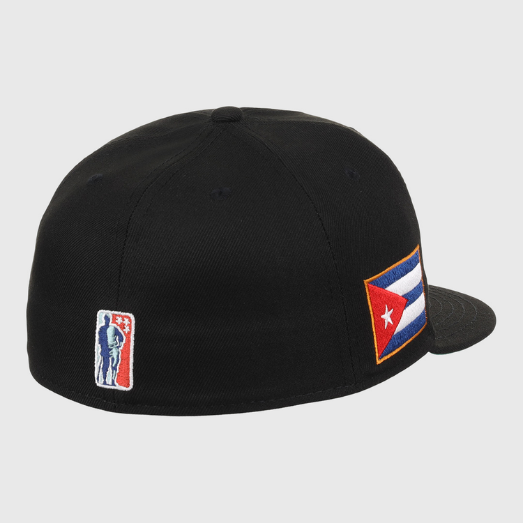 The EFF Cuban X Giants NLB Team Color Fitted Ballcap is a black hat with a Cuban flag patch on the side and a small 3D embroidered baseball player logo near the back.