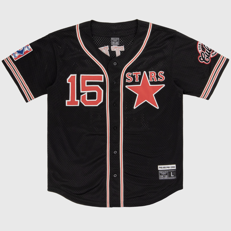 The EFF Cultural Excellence x Philadelphia Stars Button Down Jersey pays tribute to Negro League Baseball with a black design, red and white trim, number 15, STARS lettering with a red star, and Philly Stars patches on both sleeves.