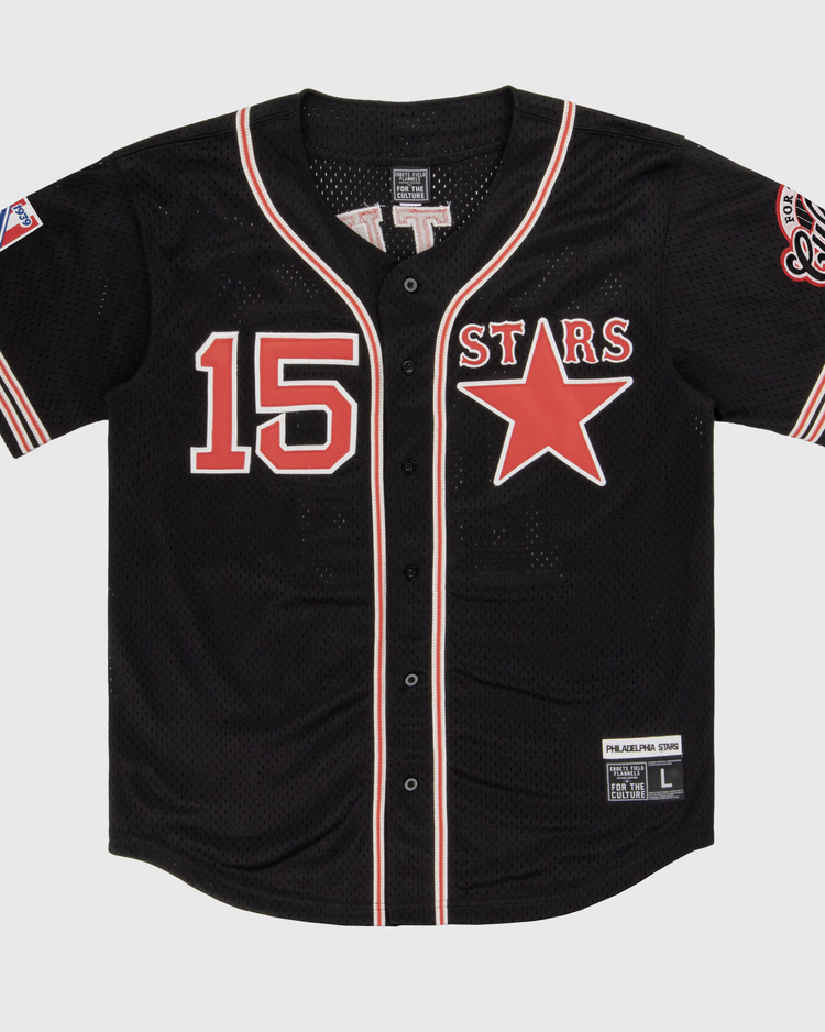 The EFF Cultural Excellence x Philadelphia Stars Button Down Jersey pays tribute to Negro League Baseball with a black design, red and white trim, number 15, STARS lettering with a red star, and Philly Stars patches on both sleeves.