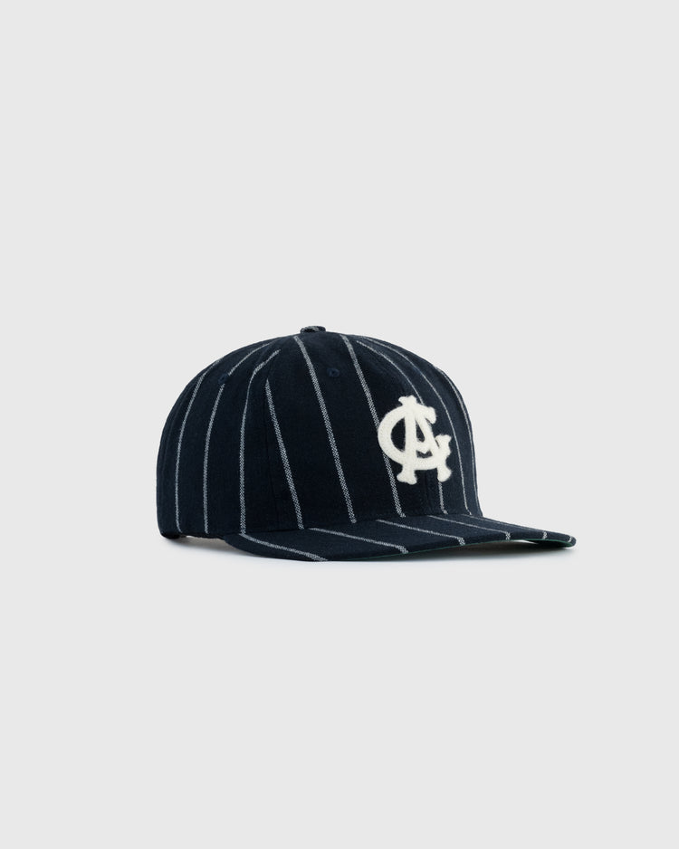 The EFF Chicago American Giants 1926 Vintage Ballcap features navy wool with thin white pinstripes and a white embroidered CA logo, inspired by the original cap, shown against a plain light grey background.