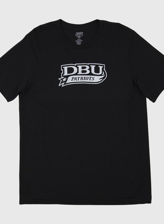 The EFF Dallas Baptist University T-Shirt is a black unisex short-sleeve tee featuring DBU PATRIOTS in bold white letters across the chest. Ideal for fans, its shown laid flat on a white background.